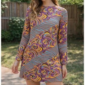 Vintage Davisons Psychedelic Mod Shift Dress Purple Orange Long Sleeve 60s 70s